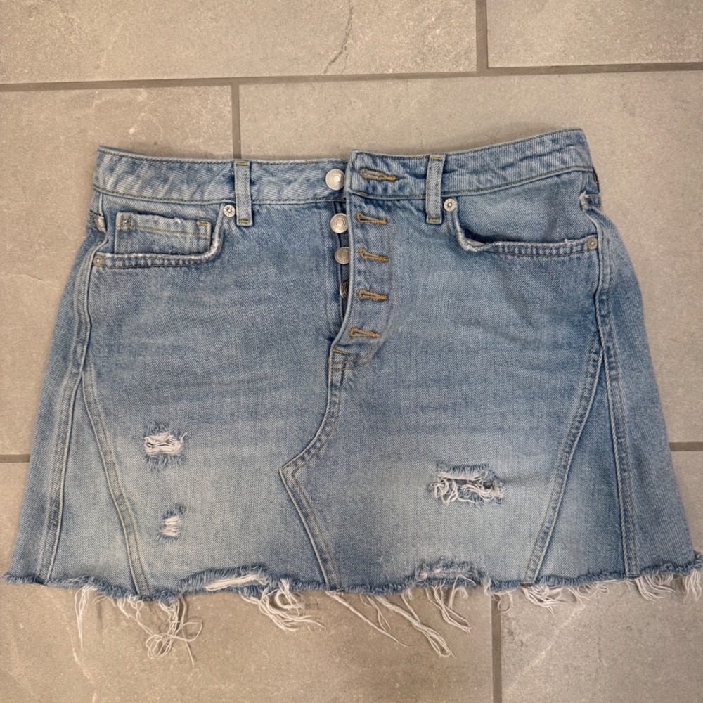 We The Free Free People Denim Mini Skirt Light Wash Distressed Button Fly 29
